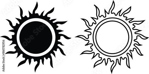Sun icon set in flat and line style, solar symbol silhouette and outline collection featuring sunshine, sunrise and weather elements, bright minimal vector illustration group