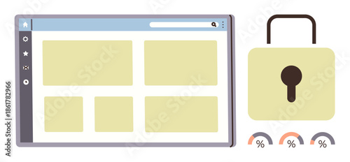 Website browser interface with grid layout alongside a security padlock and performance progress bars. Ideal for cybersecurity, online protection, website management, data privacy, internet