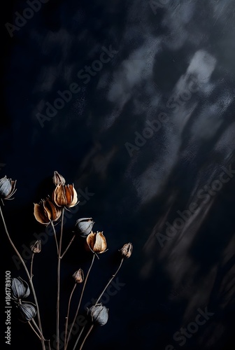 Dried seed pods on delicate stems against dark textured background with dramatic shadows