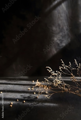 Dried golden grass sprigs and scattered seeds on dark textured surface under strong diagonal light