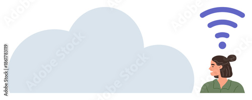 A woman observes a large cloud next to a wireless symbol, emphasizing connectivity, cloud computing, communication, and technology. Ideal for networking, internet service, cloud storage, innovation