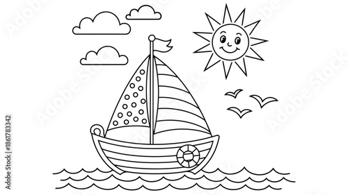 A charming sailboat sails on the ocean waves under a smiling sun and fluffy clouds