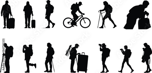 Silhouette, travelers, hiking, backpackers, tourists, photographers, cyclists, journey, adventure, vacation, active, lifestyle, people, walking, luggage, camera, outdoor, exploration, travel, concept