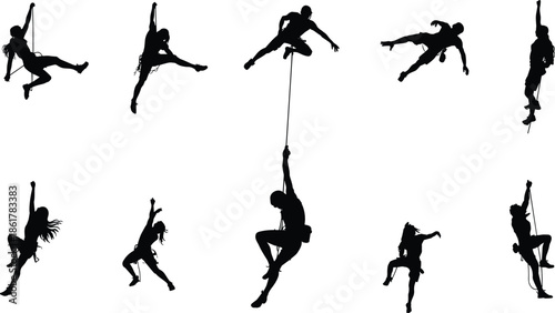 Rock climber silhouettes hanging on rope, adventure sport athletes climbing wall and mountains, extreme outdoor activity concept, fitness lifestyle illustration