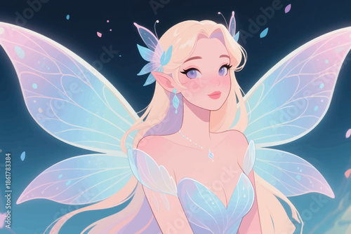 Fantasy fairy with blonde hair and glowing wings under a starry sky, surrounded by floating petals.