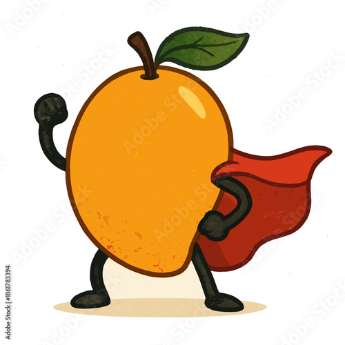 Fruit with superhero cape icon: a "Super Apple" or "Mighty Mango," fun and playful character.