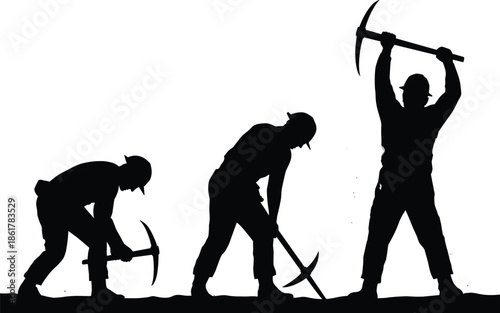 Construction workers digging with pickaxes silhouette, hard labor workforce, industrial job site scene, manual work illustration, mining and construction concept