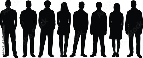 Silhouette business people group, professional men and women standing together, modern corporate team illustration, office workers collection, company staff workforce vector design