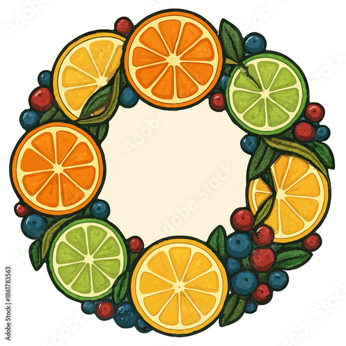 Fruit wreath icon made of intertwined citrus slices and berries, round decorative frame.
