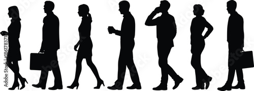 Silhouette business people walking, office workers commuting with briefcases and coffee, urban professionals group, businessman and businesswoman lifestyle, modern corporate workforce illustration