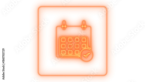 Colorful neon outline calendar icon with a confirmed checkmark representing scheduling, appointments, deadlines, and successful task completion, isolated on transparent background.