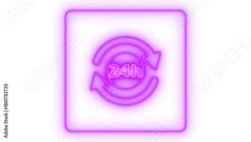 Neon 24h service support icon with circular refresh arrows, representing continuous customer assistance and constant availability, vector illustration isolated on transparent background.