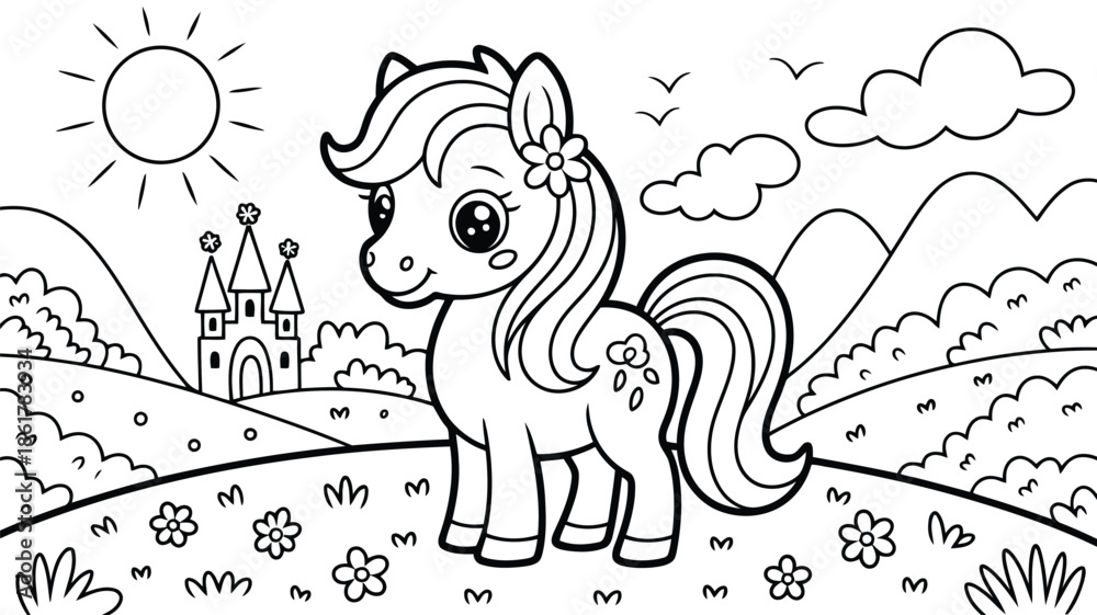 Fototapeta premium A delightful cartoon pony stands smiling in a wildflower field with a grand castle and mountains