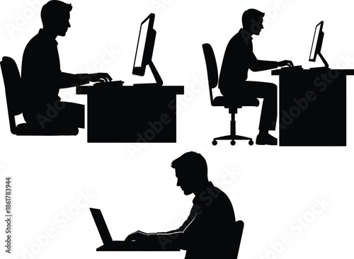 Silhouettes of people working on computers in office settings with desks and chairs