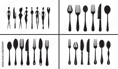 cutlery silhouette vector, fork spoon knife icon set, kitchen utensil silhouette collection, restaurant cutlery illustration, dining utensil black silhouettes, tableware vector design, food service ic