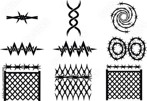 Collection of various fence and barbed wire illustrations in black and white