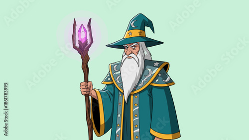 Illustration of a Wizard Holding a Staff with a Glowing Orb.