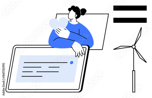 Woman holds heart symbol, engaging with content on tablet. Wind turbine and equality sign highlight eco-consciousness. Ideal for sustainability, renewable energy, equality, technology, eco-lifestyle