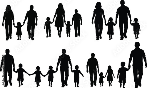 Diverse family silhouettes with parents and children in various age groups and relationships