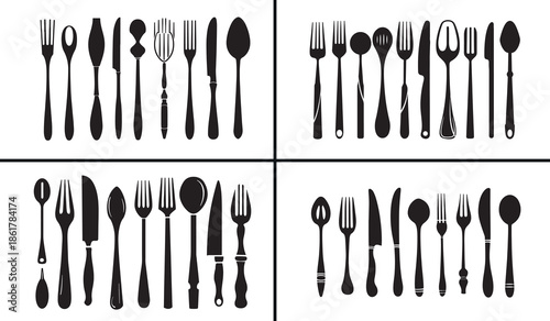 cutlery silhouette vector, fork spoon knife icon set, kitchen utensil silhouette collection, restaurant cutlery illustration, dining utensil black silhouettes, tableware vector design, food service ic