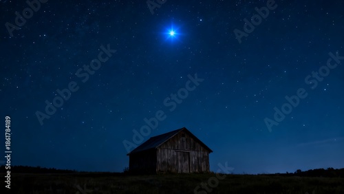 Wooden Stable at Dark Blue Starry Night, Jesus Christ Birth Concept