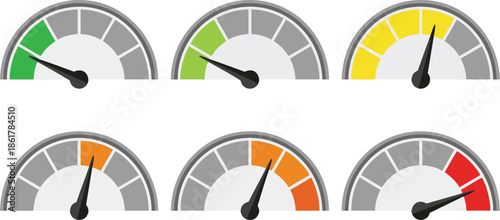 speedometer gauge icons vector set with green yellow orange and red levels