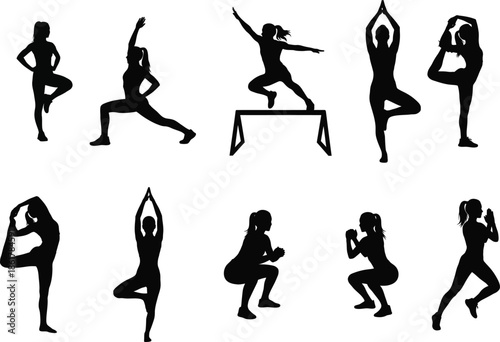 Yoga poses silhouette illustrations for fitness and wellness