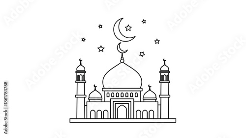Islamic Mosque Line Art Vector Illustration, Ramadan and Isra Miraj Coloring Page for Kids with Moon and Stars Outline
