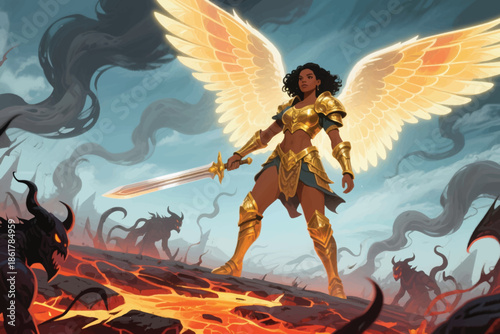 Winged warrior in golden armor wielding a glowing sword on a fiery battlefield with demonic shadows.