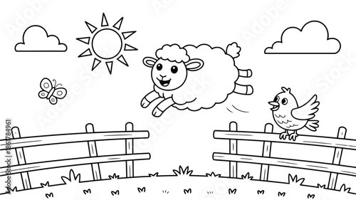 A happy cartoon sheep leaps over a wooden fence in a sunny field with a little bird