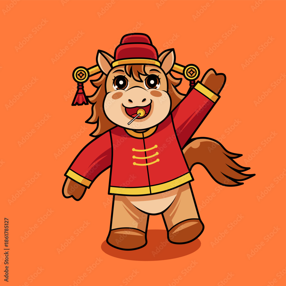 Obraz premium Cartoon vector illustration of a golden horse wearing traditional Chinese clothing for Lunar New Year celebration, symbolizing luck and prosperity.