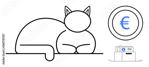 Finance concept. Minimalist design with euro currency symbol and cat imagery paired with resumes in a drawer. Finance merges creativity, organization, and employment opportunities. money, careers