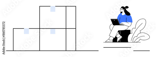 Remote work concept. a woman using a laptop, modern remote work trends. Remote work fosters digital communication, task organization, and productivity. Relevant for business, freelancing, digital