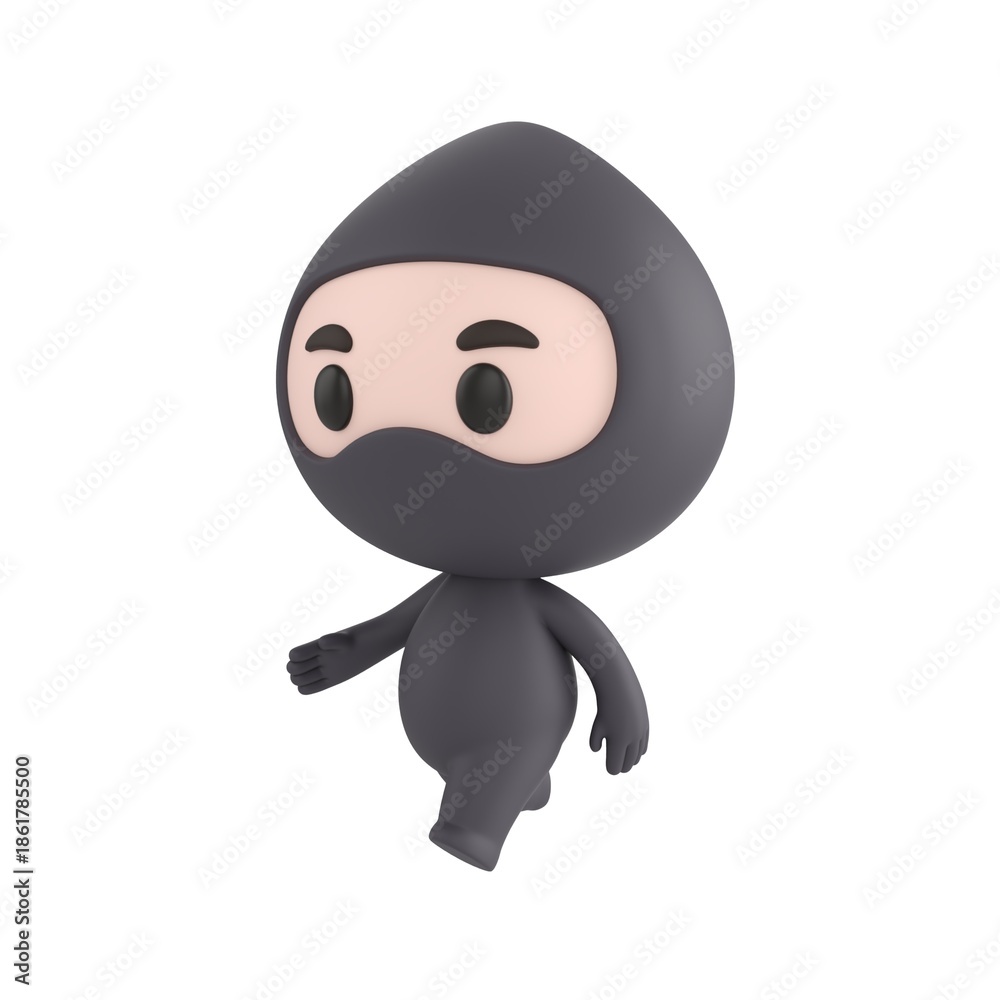 Obraz premium Cute 3D render Little Ninja character walking calmly and comfortably, relaxed and casual mascot style, isolated on white background.