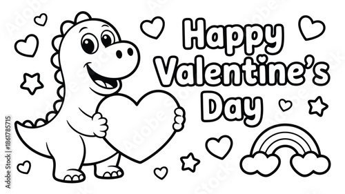 A smiling cartoon dinosaur holds a big heart with Happy Valentines Day text and many smaller hearts