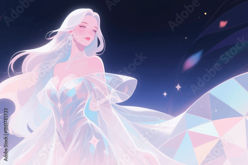 White haired woman in translucent gown under a starry sky with gemstone-like shapes and ethereal glow.