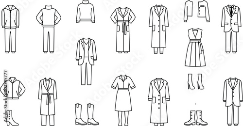 Outline fashion clothing icons set showing coats dresses suits jackets boots apparel collection vector illustration minimal editable design