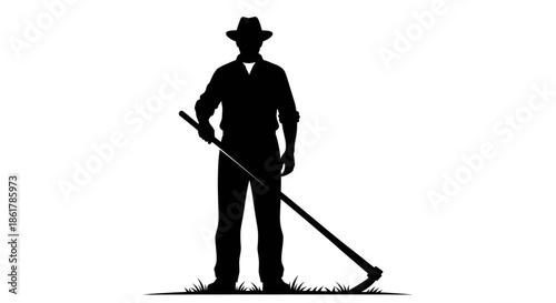 Silhouette of Farmer Standing with Manual Agricultural Tool