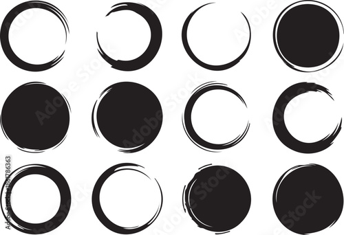 Black circles and crescents in rows on white background