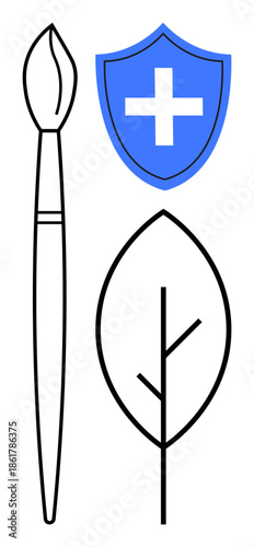 Art therapy, wellness programs, creativity, self-expression, holistic health, nature conservation. A paintbrush, shield with a cross and leaf icon. Art therapy and wellness programs