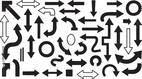 Collection of various black and white directional arrows