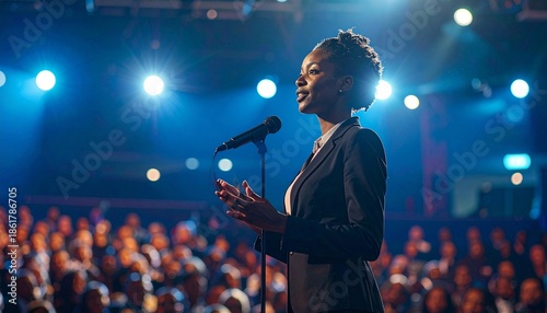 A confident woman speaks into a microphone on stage in front of a large audience with blue stage lighting.