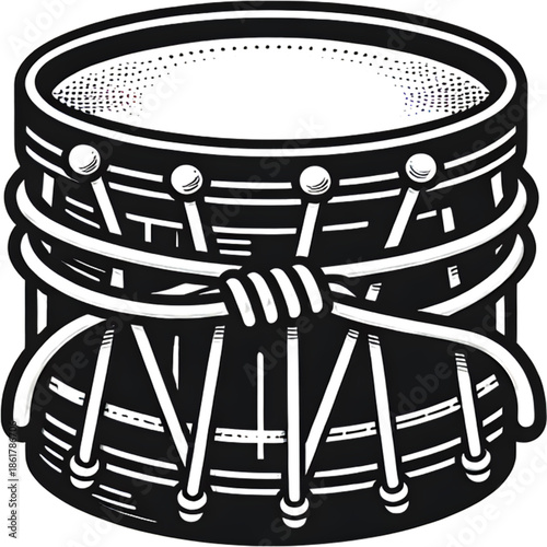 Musical Drum Silhouette: A monochrome illustration of a traditional drum, showcasing its intricate details and classic design, ready to resonate with rhythm and beat.