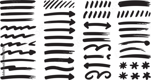 Collection of various black hand drawn lines and marks on white background