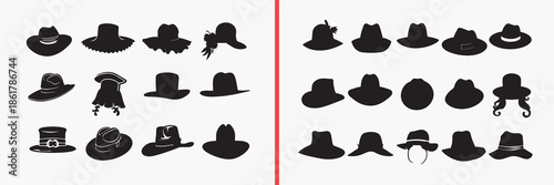 hat silhouette vector, cowboy hat silhouette set, fashion hat icon collection, western hat silhouette design, classic hat outline illustration, black hat silhouette art, headwear silhouette vector, ha