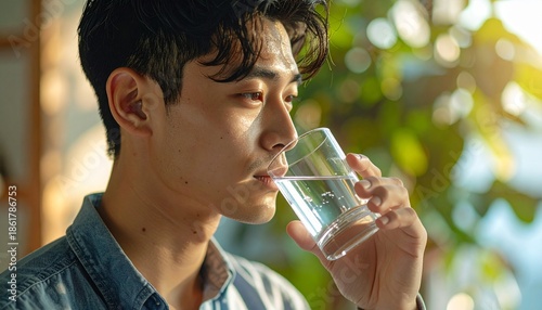 Close-up of a young Asian man drinking from a clear glass in a natural setting with blurred greenery in the background.