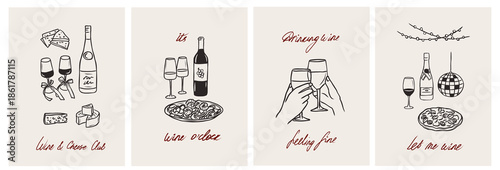 Line art retro doole wine party posters