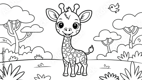 An endearing cartoon baby giraffe smiles standing gracefully in a vibrant outdoor safari environment