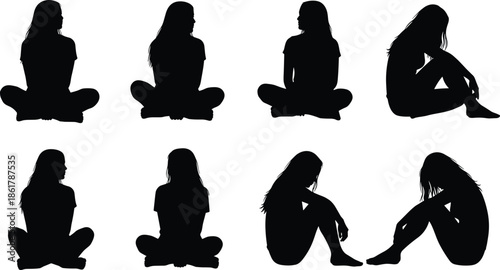 Female sitting pose silhouette set, woman seated yoga and relaxed positions, black vector illustration collection isolated on white background
