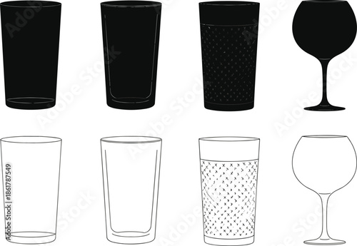 Glassware silhouettes and outline set, drinking glasses and wine goblet icons, black and white vector illustration collection for bar and kitchen design